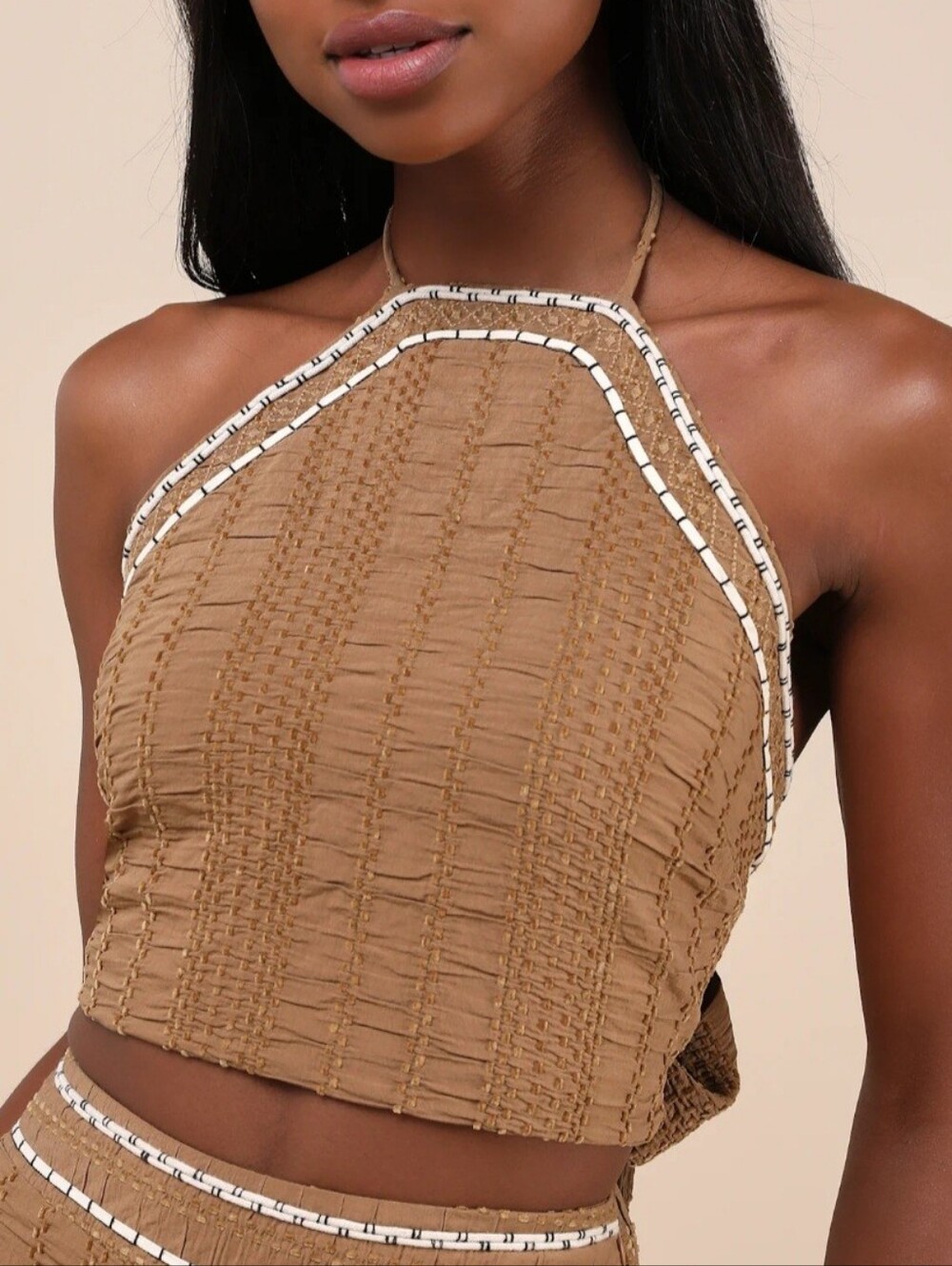 43. Lulus Sunny Confidence Brown Tie Back Halter Crop Top NWT